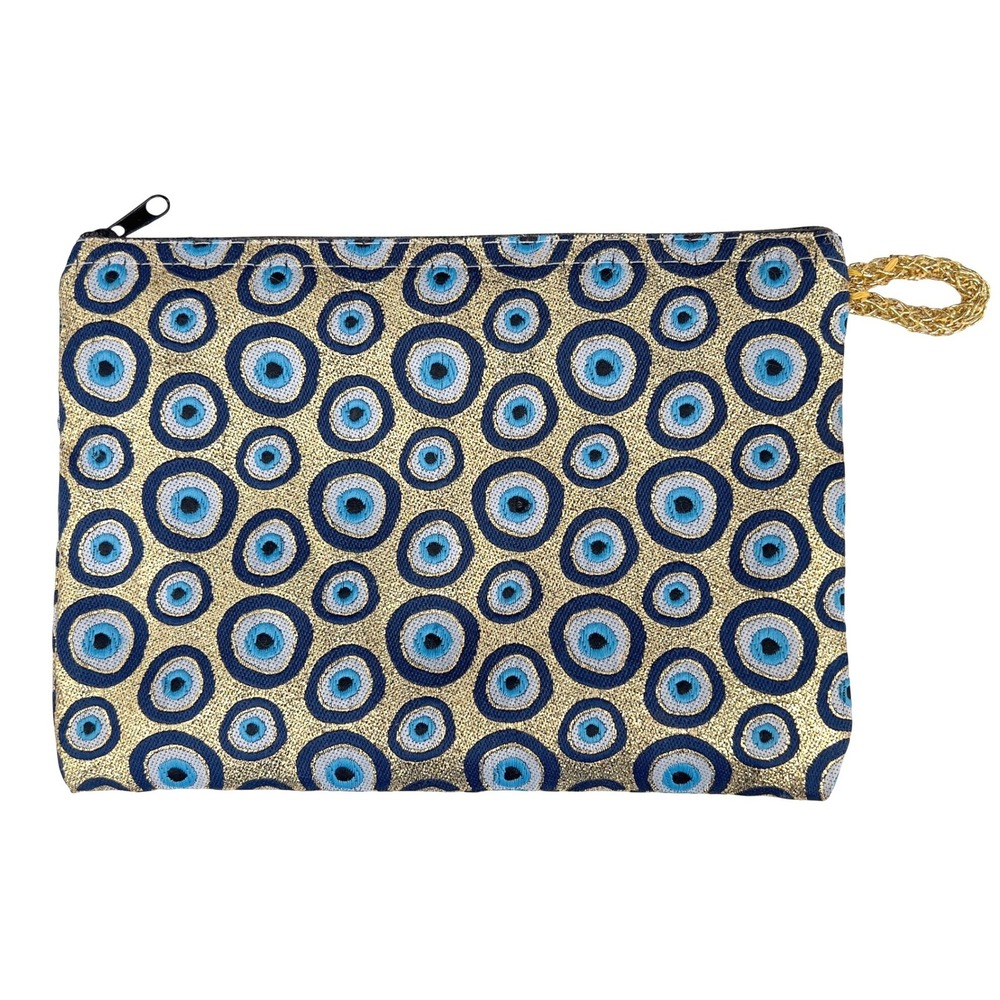 Zip Pouch Gold Blue Evil Eye Woven Metallic Zipper Bag